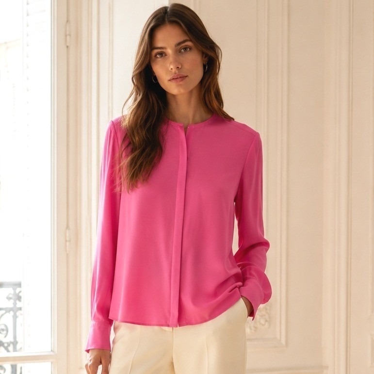 Another Tomorrow Pink Button Down Blouse Collarless Size 42